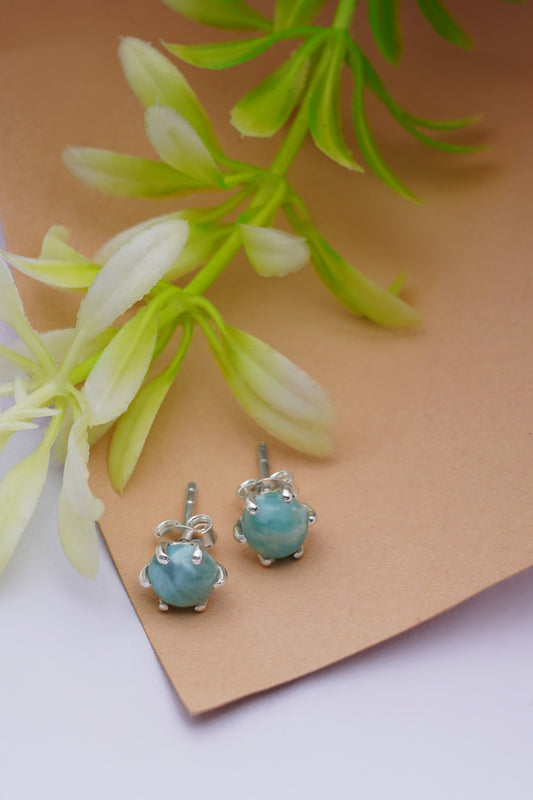 Fusionari 925 Sterling Silver Larimar Eartops for Women | Handcrafted Blue Gemstone Jewelry | Tropical Ocean-Inspired Design