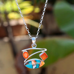 925 Silver Turquoise & Carnelian Stone Pendant – Handmade Necklace, Vibrant Energy, Perfect Gift for Women