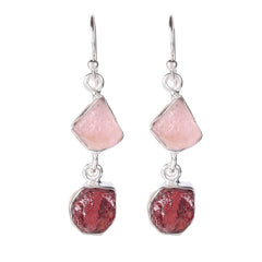 925 Silver Rose Quartz& Garnets Uncut Stone Earrings  –Handmade, Vibrant Energy, Perfect Gift for Women