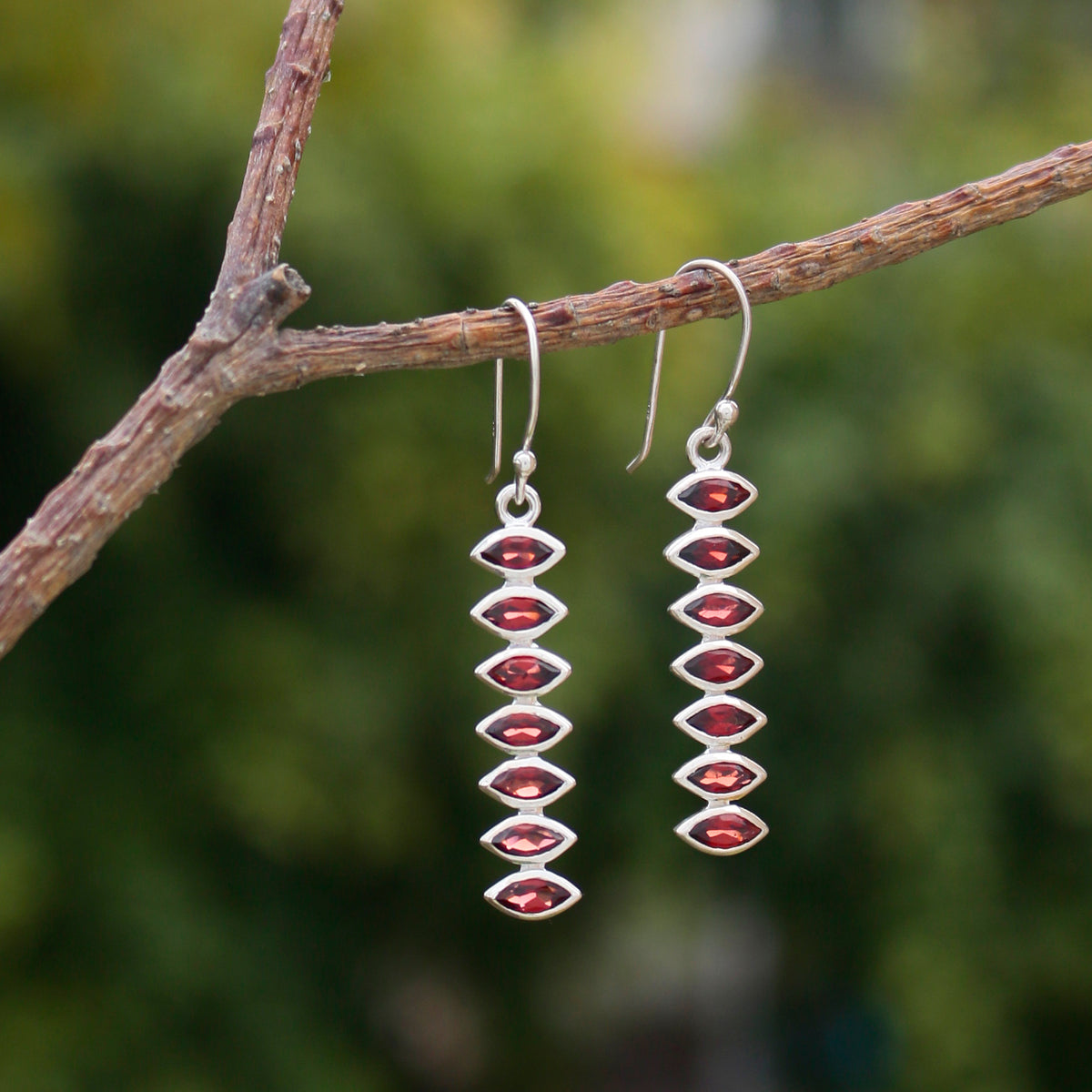 Sterling Silver Drop Earrings with Marquise-Cut Garnet Stones – Elegant Red Gemstone Jewelry