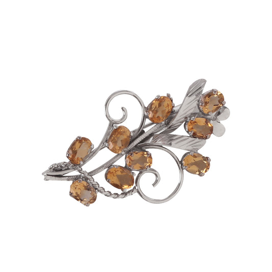 925 Elegant Sterling Silver Brooch with Citrine Gemstones – Vintage Leaf Design