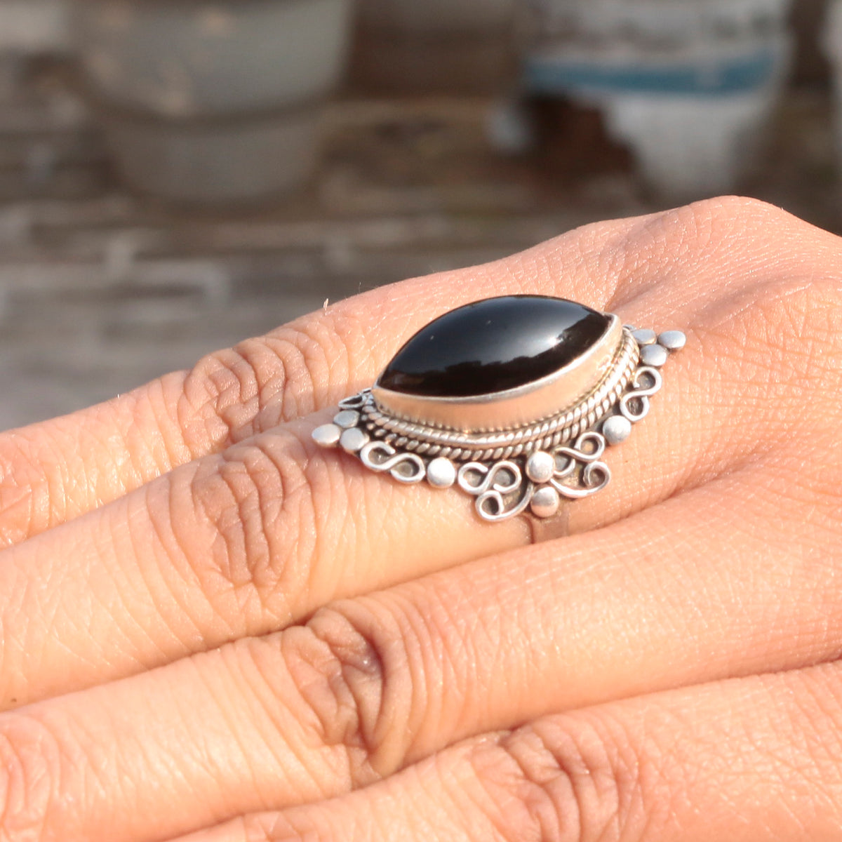 925 Sterling Silver Black Onyx Ring – Vintage Boho Statement Ring for Women