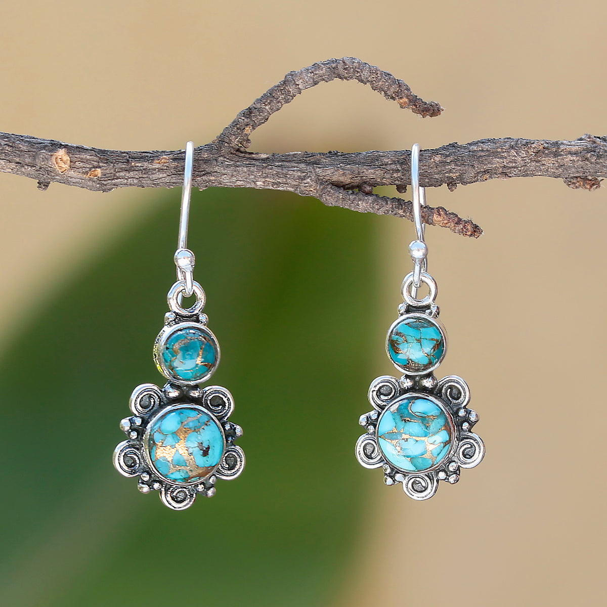 925 Sterling Silver Natural Turquoise Drop Earrings Sterling Silver Round Gemstone Dangles