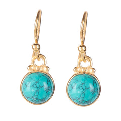 925 Sterling Silver Gold Plated Natural Turquoise Drop Earrings Sterling Slver Round Gemstone Dangles