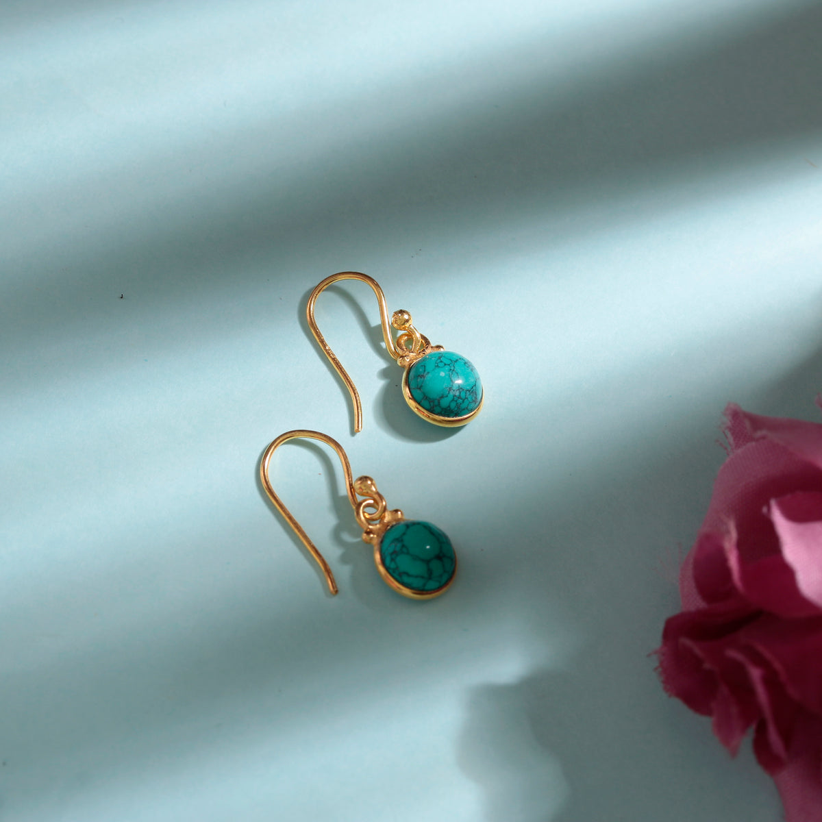 925 Sterling Silver Gold Plated Natural Turquoise Drop Earrings Sterling Slver Round Gemstone Dangles