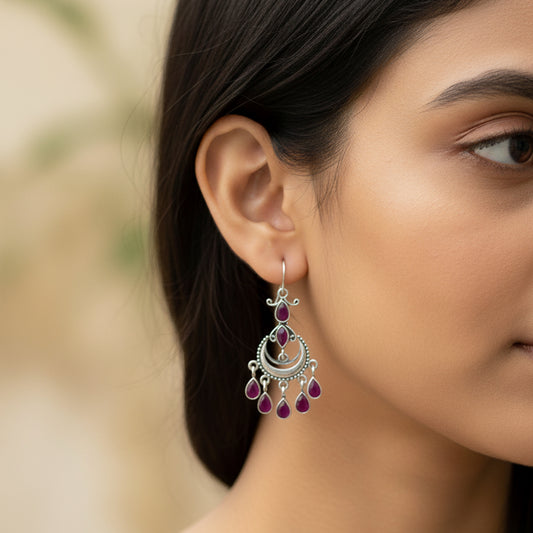 Fusionari 925 Sterling Silver Ruby Earrings for Women | Handcrafted Red Gemstone Jewelry | Elegant Party Wear Earrings