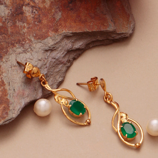 Fusionari 925 Sterling Gold Plated Silver Green Onyx Earrings for Women | Handcrafted Green Gemstone Jewelry | Classic and Stylish Design |