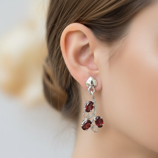 Fusionari 925 Sterling Silver Garnet Earrings for Women | Handcrafted Red Gemstone Jewelry | Classic Festive Jewelry