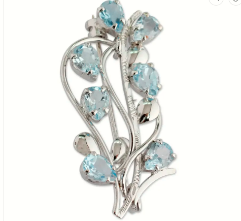 925 Sterling Silver Blue Topaz Brooch | Sparkling Sky Blue Gem Pin | Luxury Women’s Fashion Jewelry Gift