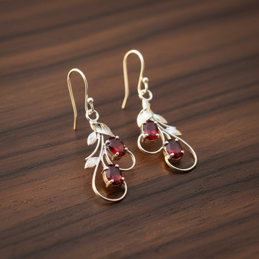 Fusionari 925 Sterling Silver Garnet Earrings for Women | Handmade Red Stone Jewelry | Stylish Traditional Accessory