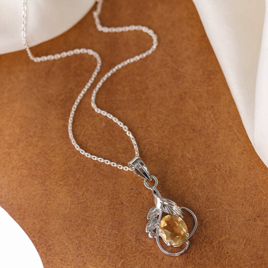 Fusionari 925 Sterling Silver Citrine  Pendant with Chain for Women |  Necklace | Party Wear Jewellery | Designer Wedding Pendant Set | Elegant Gift for Her | Fashion Necklace Women