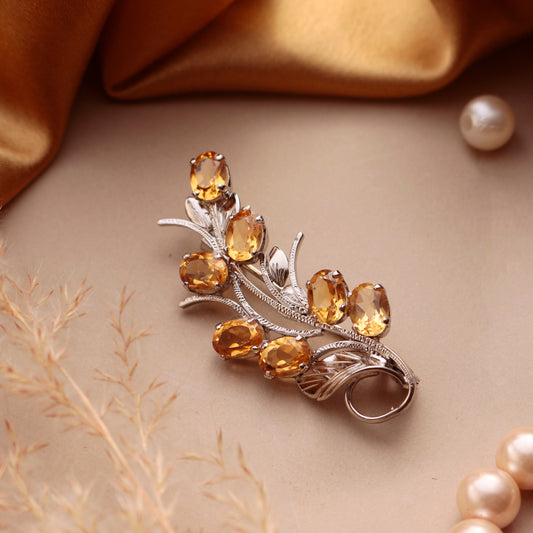 925 Sterling Silver Citrine Brooch | Golden Yellow Gemstone Pin | Stylish Handmade Jewelry Gift for Women