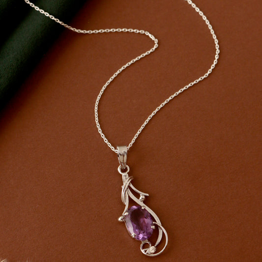 925 Sterling Silver Amethyst Pendant with 18" Chain for Women | Elegant Purple Gem Jewelry | Party & Office Wear