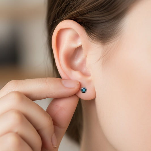 925 Silver Eartops in Round Cabuchon Labradorite Gemstone in Bezel setting in oxidised finish with Push closure in Light weight
