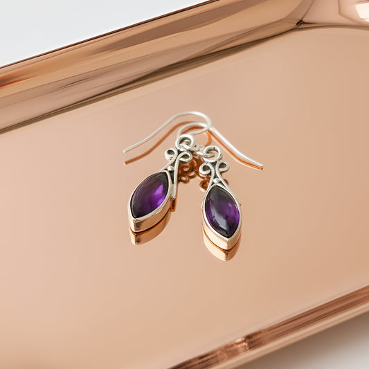 Fusionari 925 Sterling Silver Amethyst Earrings for Women | Handmade Minimalist Jewelry | Unique Healing Crystal Design | Size 3x6 cm | One Pair