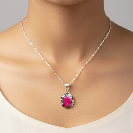 Fusionari 925 Sterling Silver Ruby Pendant Necklace for Women with 18" Chain | Handcrafted Pink Gemstone Jewelry | Size 2.5x1.4 cm
