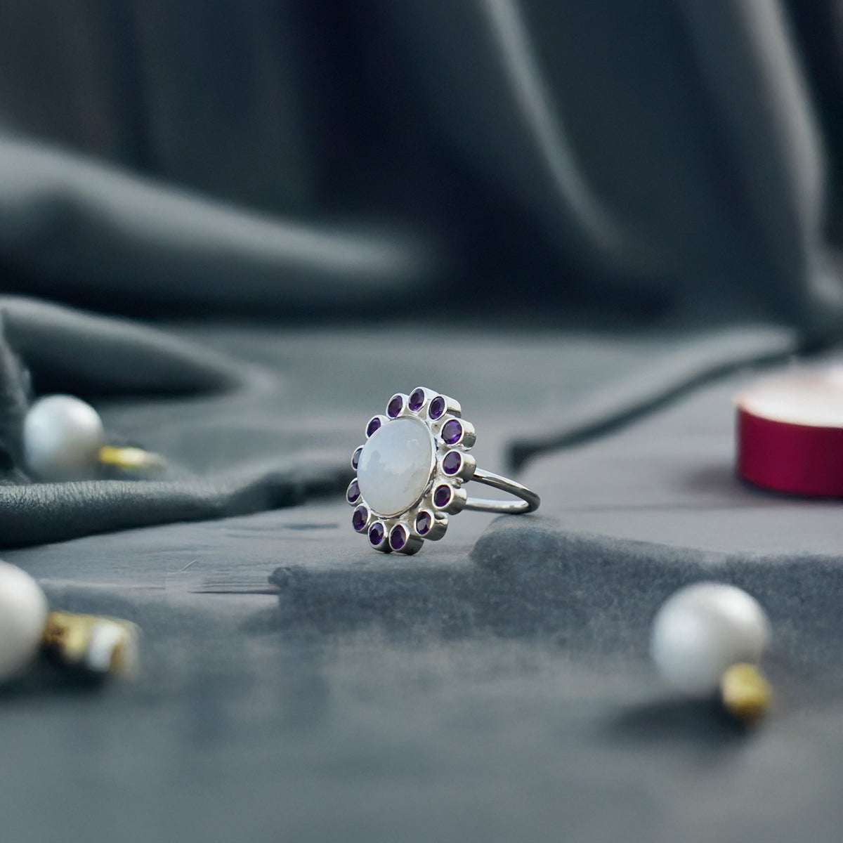 925 Silver Round moonstone with amethyst Sterling Silver Ring - Natural Gemstone, Unique Design, Perfect for Everyday Wear or Gifting