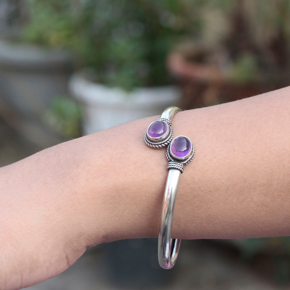 925  Sterling Silver Amethyst Bangle for Women | Natural Purple Gemstone Jewelry | Healing Crystal Bracelet