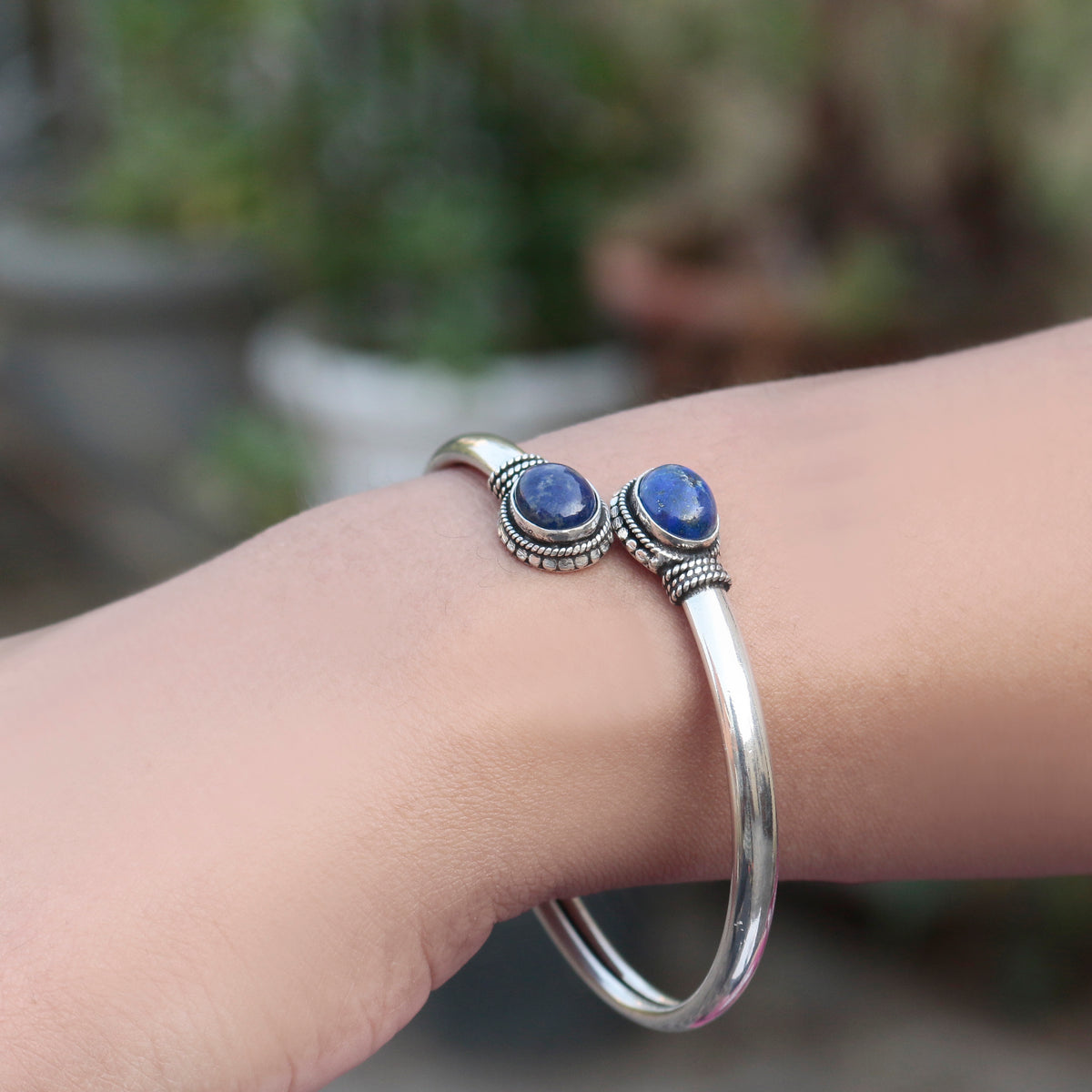 925 Silver Lapis Lazuli Bangle | Royal Blue Gemstone Bracelet for Women | Handmade Luxury Jewelry – FU-0986
