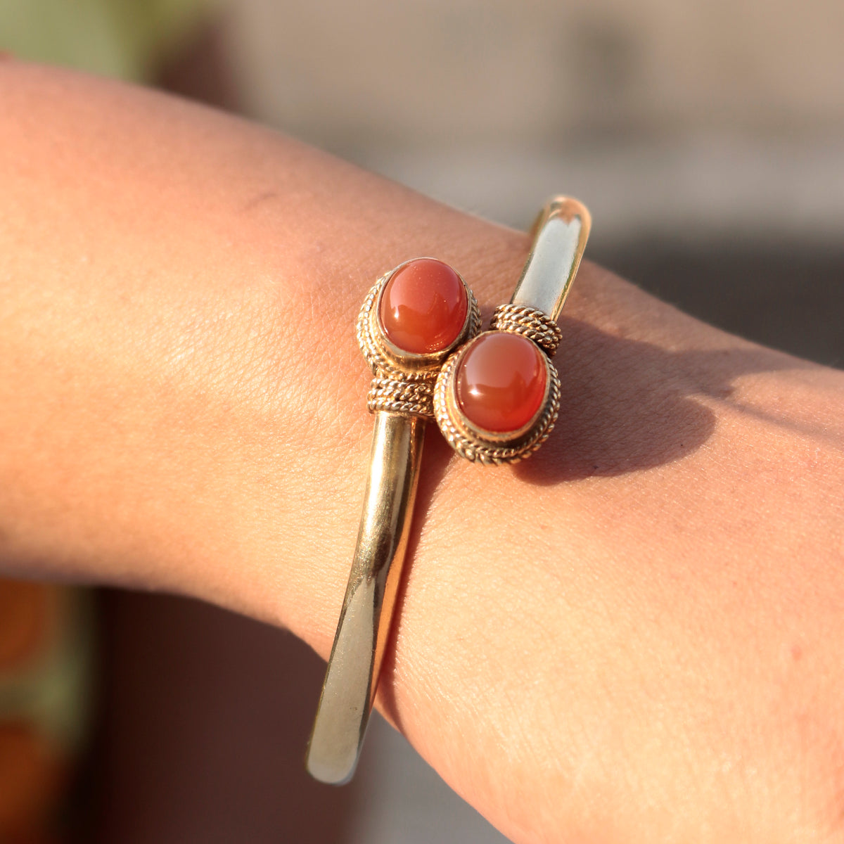 Fusionari 925 Sterling Silver Gold Plated Carnelian Bangle | Handcrafted Orange Gemstone Jewelry | Boho & Elegant Bracelet