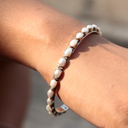 Fusionari 925 Sterling Silver Pearl Bangle | Classic White Stone Jewelry | Elegant Bracelet for Women & Girls