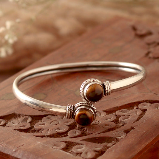 925 Sterling Silver Tiger Eye Bangle for Women | Natural Brown Gemstone Bracelet | Strength & Confidence Crystal