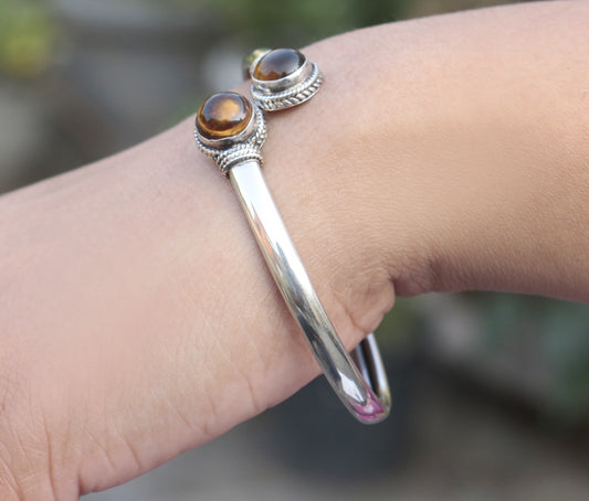 925 Sterling Silver Tiger Eye Bangle for Women | Natural Brown Gemstone Bracelet | Strength & Confidence Crystal