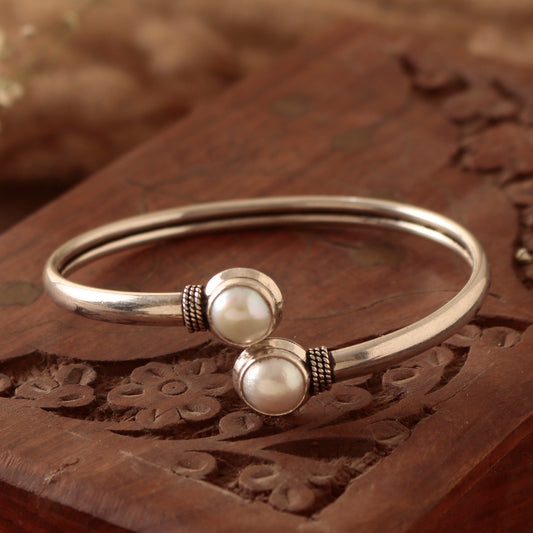 925 Sterling Silver Pearl Bangle for Women | Elegant White Pearl Bracelet | Classic Luxury Jewelry for Special Occasions