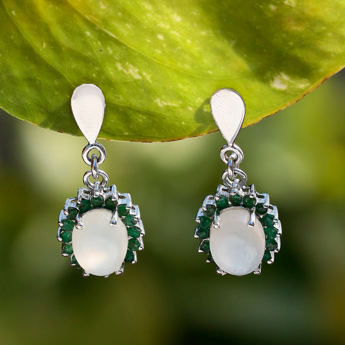 925 Sterling Silver Jewelry Handcrafted Earrings with Moonstone and Emerald Gemstones for Timeless Elegance and Everyday Glamour
