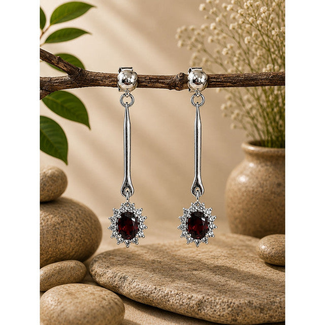 925 Sterling Silver Garnet Gemstone Long Drop Earrings with Floral Design