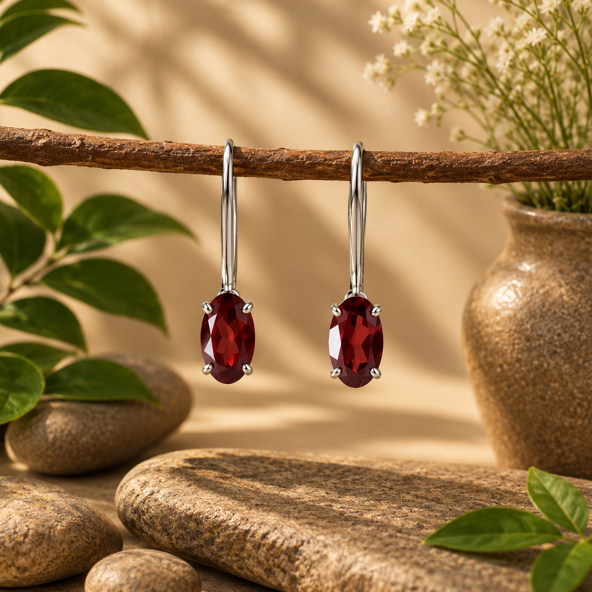 Piyal – Garnet Silver Drop Earrings
