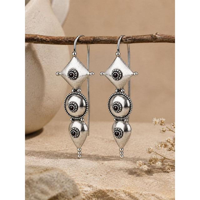 925 Sterling Silver Garnet Oxidized Drop Earrings for Women Geometric Design with Round Motifs and Dangling Details