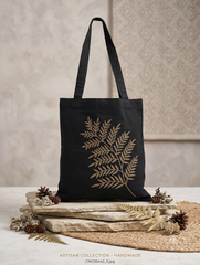 Handmade Black Cotton Duck Fabric Tote Bag with Leaf Embroidery Shoulder Bag | Gold Leaf
