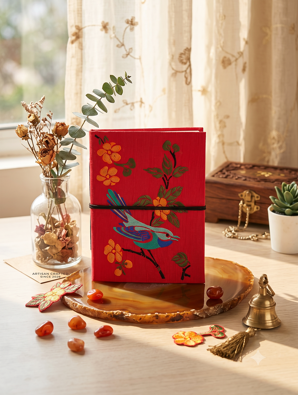 Handcrafted Embroidered Journal with Handmade Paper Fabric Cover & Bahi Khata Closure Diary for Writing Sketching & Gifting | Red | 8 x 5 inches