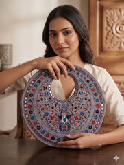 Gray Suede Floral Embroidered Round Handbag, Hand Purse, Clutches with Patra Mirror Work for Women & Girls