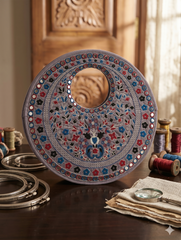 Gray Suede Floral Embroidered Round Handbag, Hand Purse, Clutches with Patra Mirror Work for Women & Girls