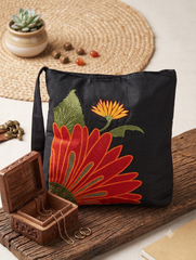 Handmade Floral Crossbody Black Bag made from Dupion & cotton Duck Fabric with Embroidery For Women & Girls