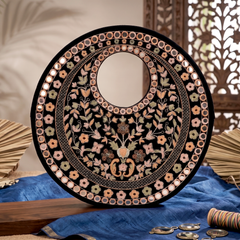 Black Suede Floral Embroidered Round Handbag, Hand Purse, Clutches with Patra Mirror Work for Women & Girls
