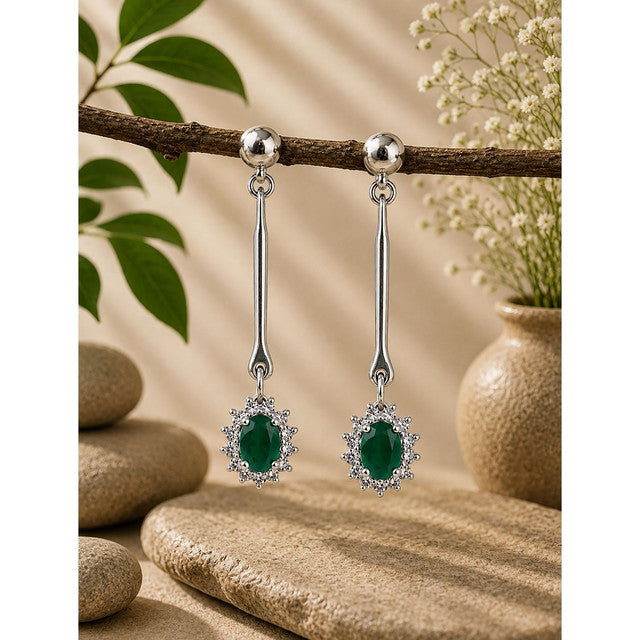 925 Sterling Silver Green Onyx Gemstone Long Drop Earrings with Floral Design