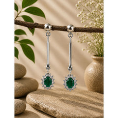 925 Sterling Silver Green Onyx Gemstone Long Drop Earrings with Floral Design