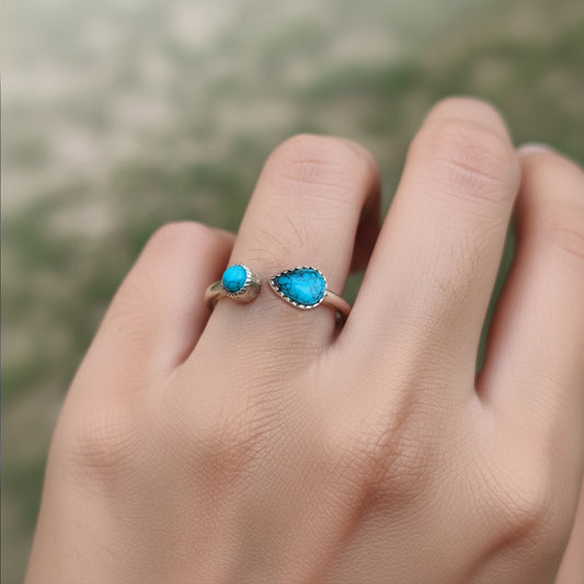 925 Silver Drop & round shaped Turquoise Ring in modern design handmade with bezel setting of stones.