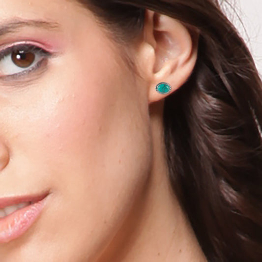 925 silver oval turquoise eartops handmade in bezel setting with push closure