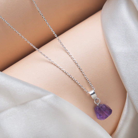 925 Sterling Silver Uncut Amethyst Pendant with 18" Chain for Women | Natural Raw Gemstone Handmade Jewelry Gift