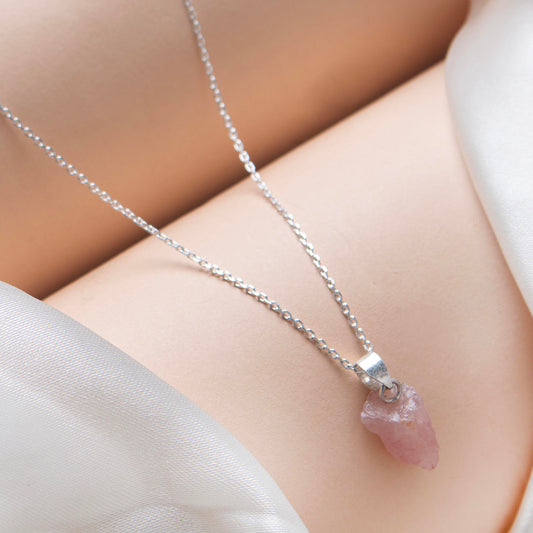 925 Sterling Silver Uncut Rose Quartz Pendant with 18" Chain for Women | Natural Raw Gemstone Handmade Jewelry