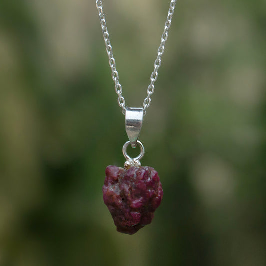 925 Sterling Silver Uncut Ruby Pendant with 18" Chain for Women | Natural Raw Gemstone Handcrafted Jewelry Gift