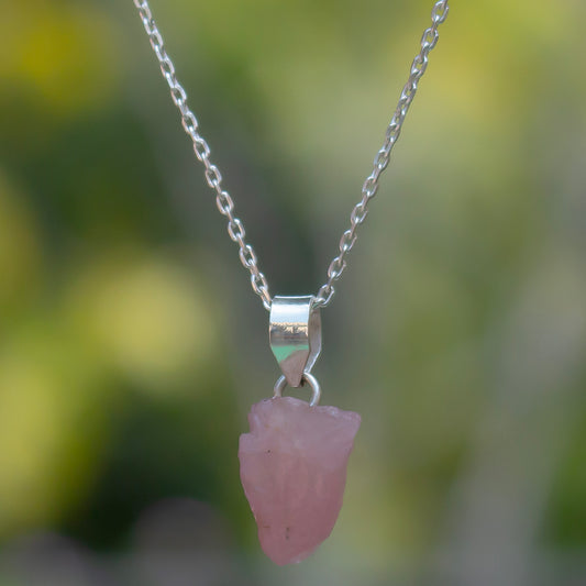 925 Sterling Silver Uncut Rose Quartz Pendant with 18" Chain for Women | Natural Raw Gemstone Handmade Jewelry