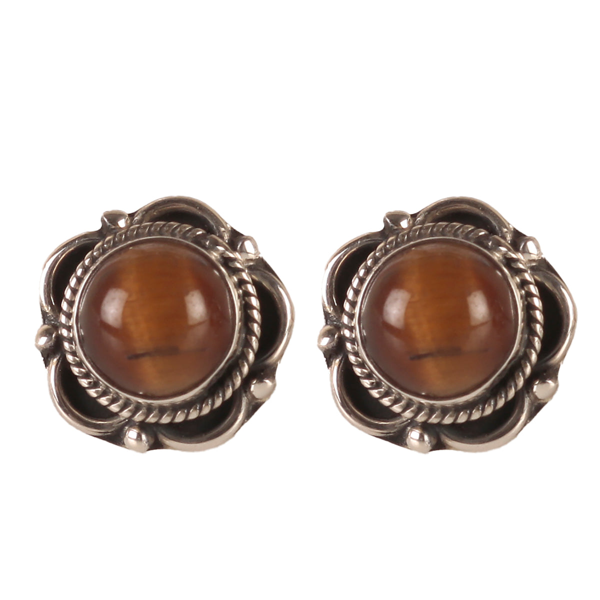 925 Sterling Silver Flower Shaped Tiger Eye Eartops - Elegant Boho-Chic Jewelry for Women