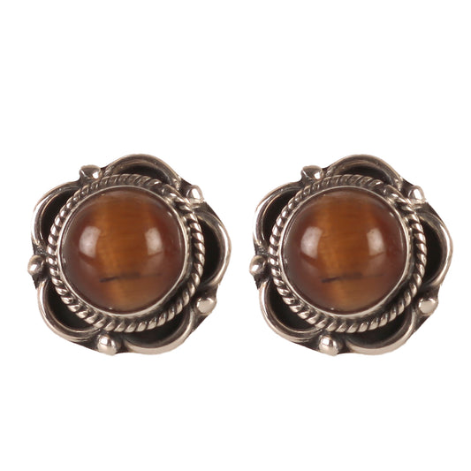 925 Sterling Silver Flower Shaped Tiger Eye Eartops - Elegant Boho-Chic Jewelry for Women