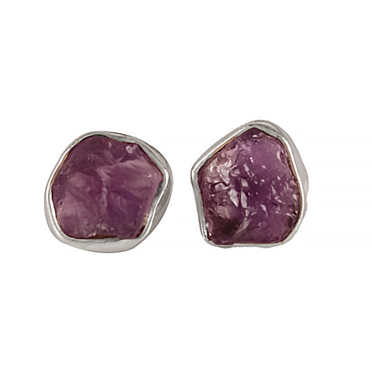 Fusionari 925 Silver Raw Amethyst Stud Earrings | Handmade Natural Stone: Uncut Amethyst Stone | Lightweight Women’s Jewelry