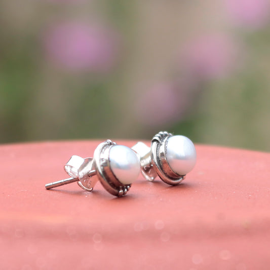 925 Sterling Silver Pearl Stud Earrings for Women | Classic Cream Handmade Eartops | Daily & Party Wear